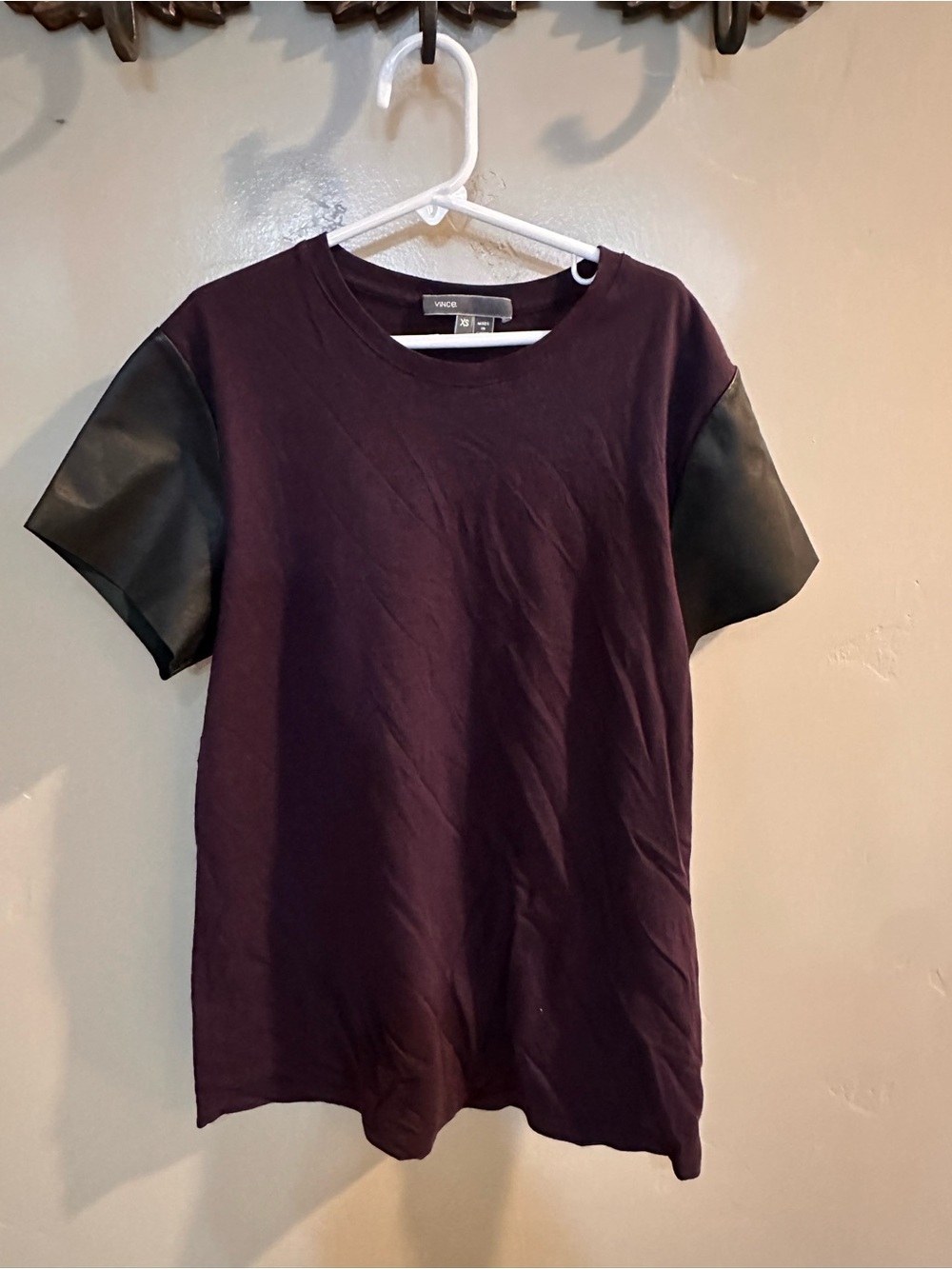 VINCE Blackberry Plum Cotton Tee Lamb Leather Short Sleeves Shirt Top Size XS